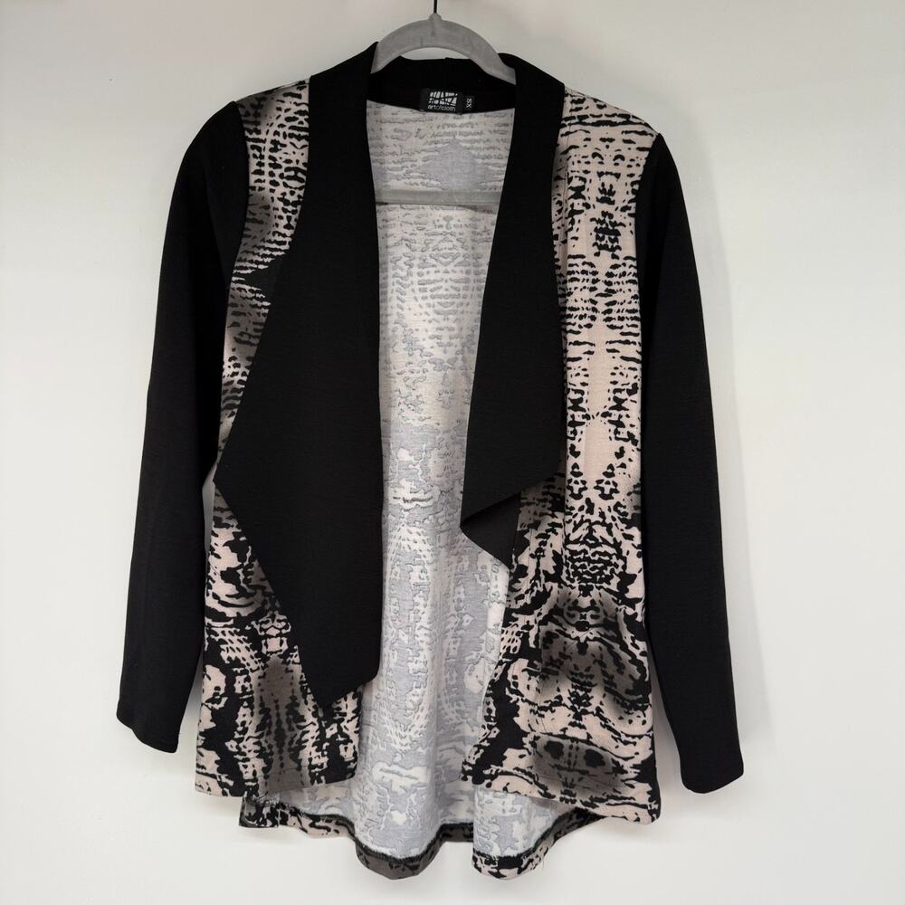 Art of Cloth Cardigan Women XS Black Tan Abstract Waterfall Lapel Open Front USA